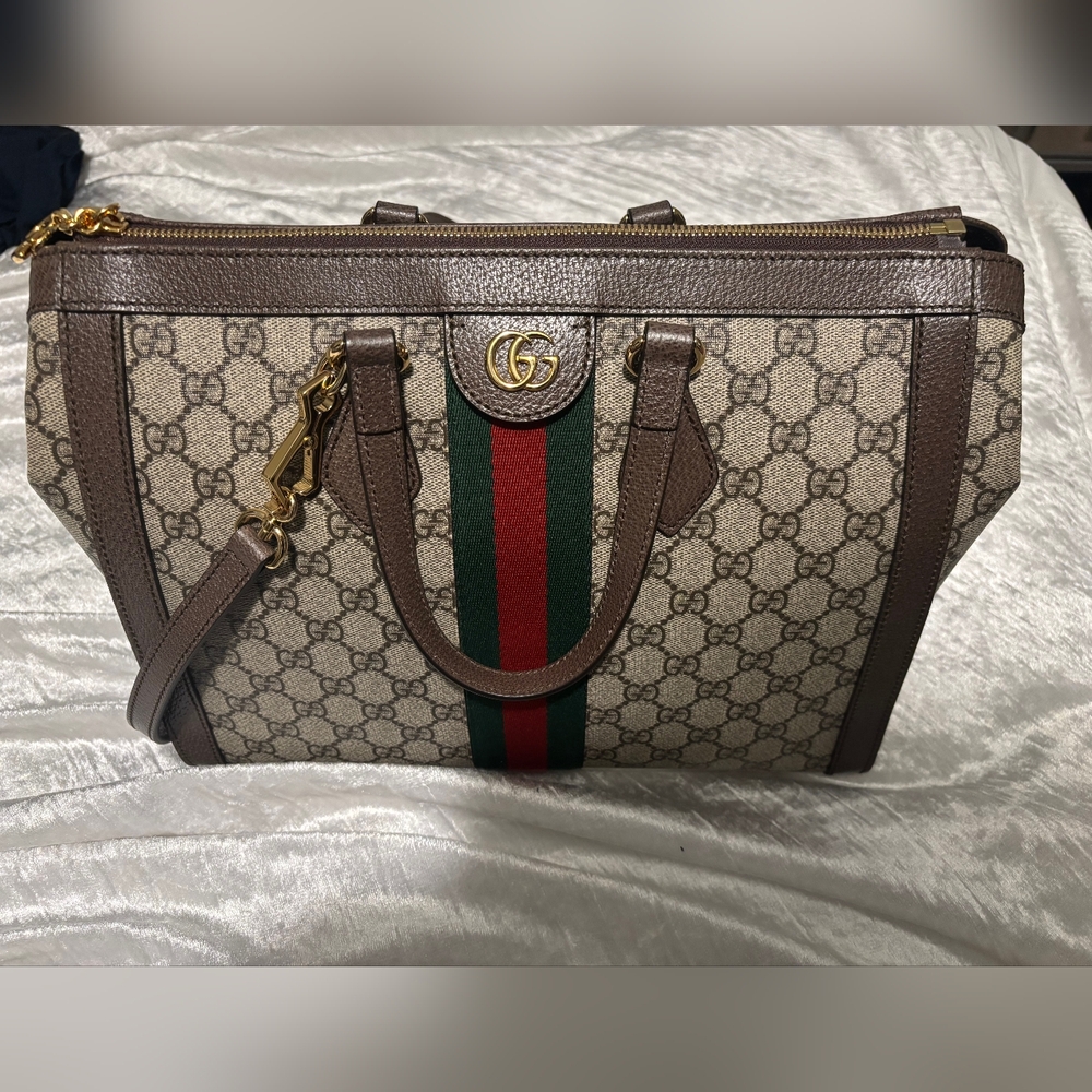 Gucci Beige and Brown Canvas Tote with Red and Green Stripe